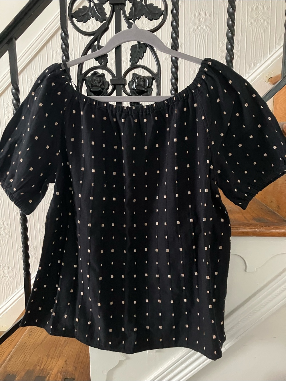 NWT Joe Fresh 100% cotton dot embroidered black top shirt blouse size L Large